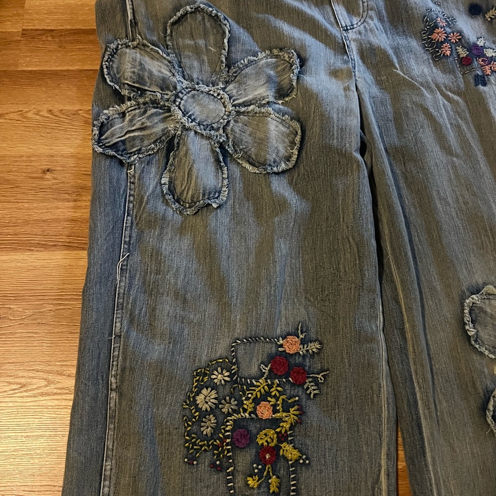 Blue Velvet Floral Embroidered Denim Overalls - Picture 2 of 5